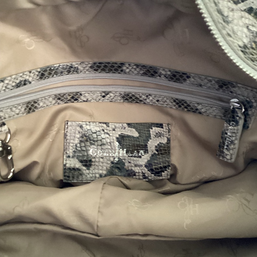COLE HAAN Genuine Leather Snake Print Embossed Beige/Brown Satchel Shoulderbag - Picture 4 of 17